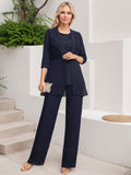 Jumpsuit/Hosenanzug-Set, bodenlanges Chiffon-Spitzenkleid mit Pailletten für die Mutter der Braut mit Rundhalsausschnitt