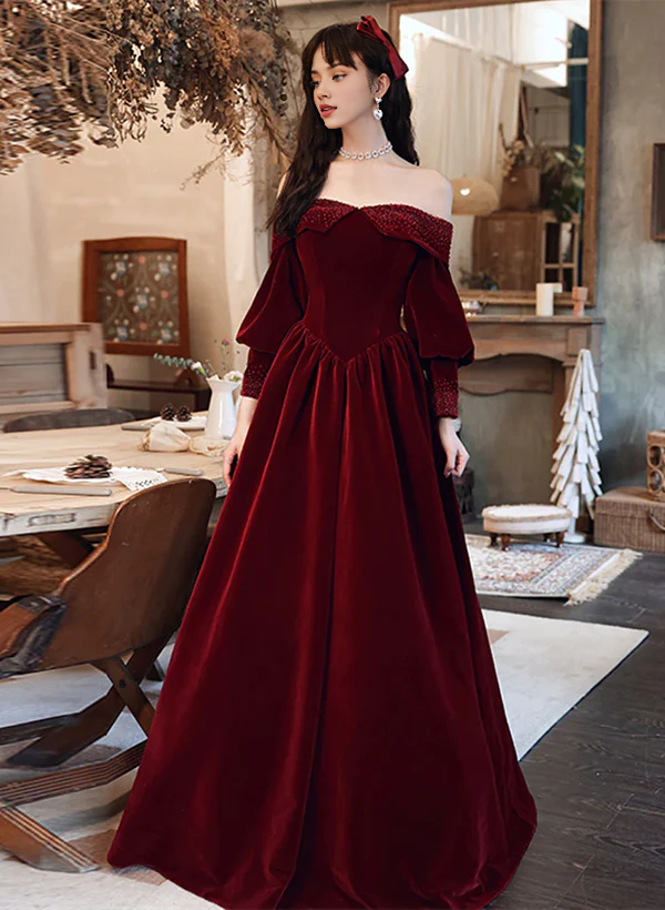 Vestido largo formal de terciopelo con mangas abullonadas y corte princesa, corte A, para fiesta y graduación