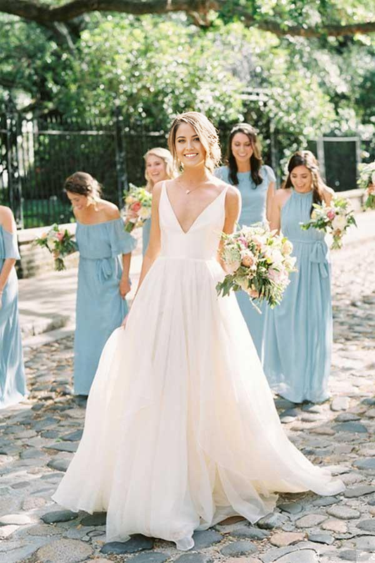 A Line Charming V Neck Backless Ivory Tulle Wedding Dresses