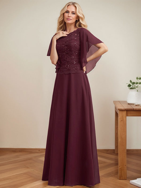 Vestido de madre de la novia de gasa con encaje, ilusión, largo hasta el suelo, corte A y lentejuelas 