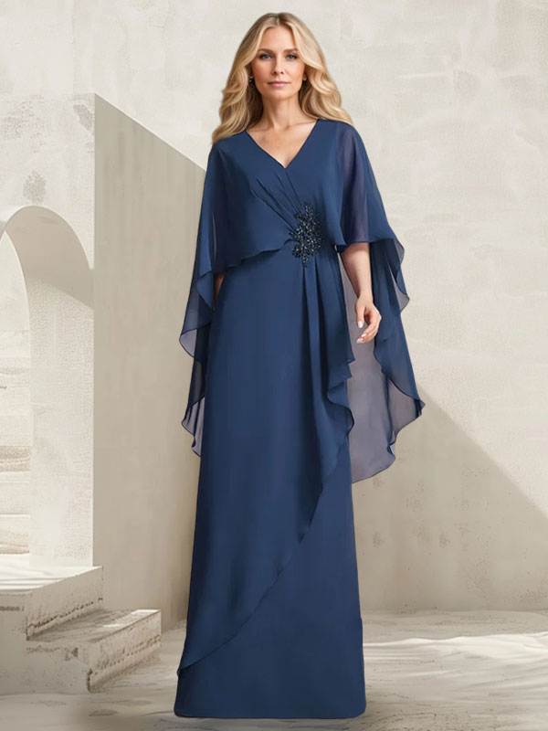A-Linien-Kleid aus Chiffon mit V-Ausschnitt, bodenlang, mit Kaskadenrüschen und Perlenstickerei für die Mutter der Braut. 