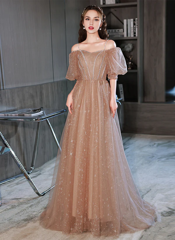 A-Linien-Prinzessinnenkleid aus glitzerndem Champagner-Tüll mit schulterfreiem Schnitt, langes Partykleid, formelles Abendkleid, Ballkleid