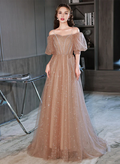 A-Linien-Prinzessinnenkleid aus glitzerndem Champagner-Tüll mit schulterfreiem Schnitt, langes Partykleid, formelles Abendkleid, Ballkleid