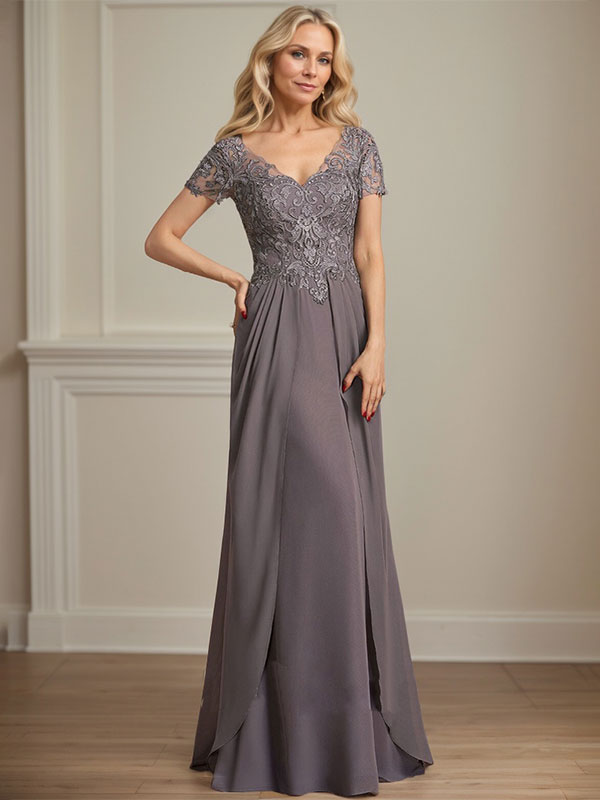 Vestido de gasa con encaje y escote en V hasta el suelo para madre de la novia