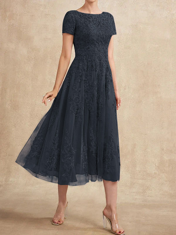 A-Linien-Kleid aus Tüllspitze mit Rundhalsausschnitt und Teelänge für die Mutter der Braut 