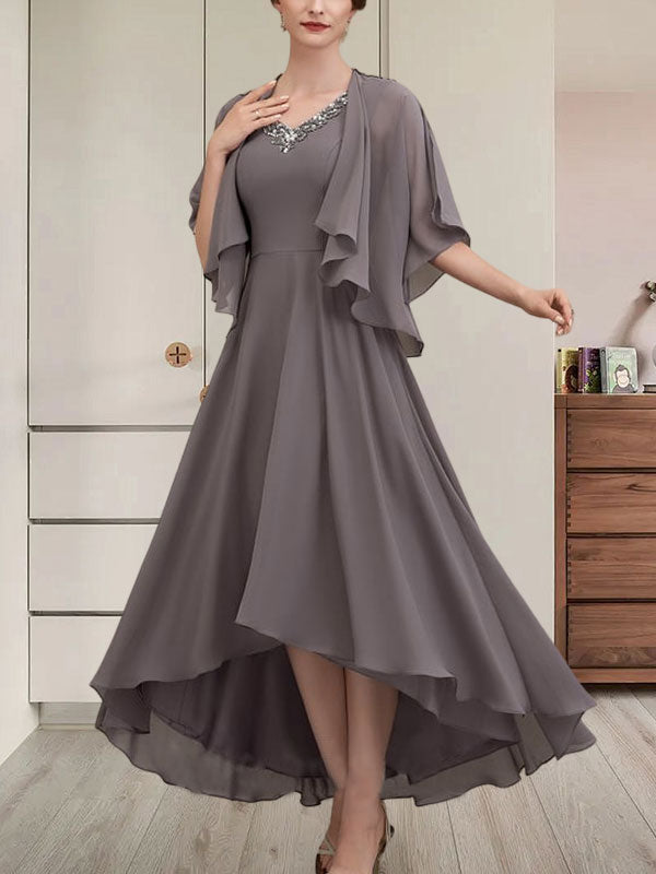 A-Linien-Kleid aus Chiffon mit V-Ausschnitt, asymmetrischem Muster und Perlen- und Paillettenbesatz für die Mutter der Braut