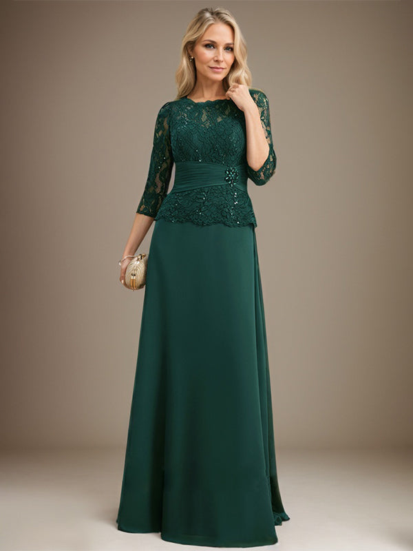 A-Linien-Kleid mit U-Boot-Ausschnitt, Illusion-Detail, bodenlang, aus Chiffonspitze, mit plissierten Pailletten und Perlenstickerei für die Mutter der Braut. 