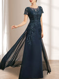 Etuikleid/Säulenkleid mit Illusion-Ausschnitt, bodenlang, aus Chiffon und Spitze mit Pailletten für die Mutter der Braut