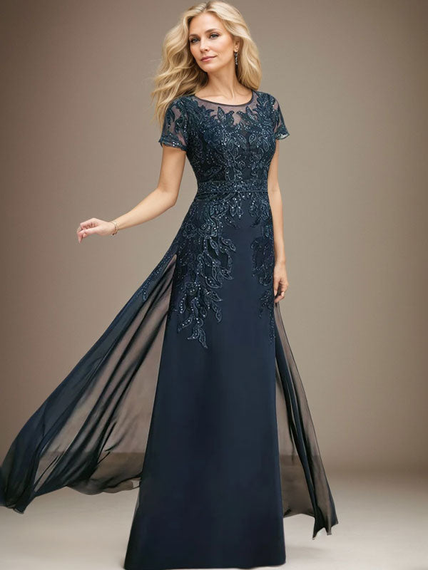 Etuikleid/Säulenkleid mit Illusion-Ausschnitt, bodenlang, aus Chiffon und Spitze mit Pailletten für die Mutter der Braut