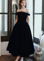 Schulterfreies Samt-Partykleid Abschlussballkleid Abendkleid Hochzeitsgast-Kleider