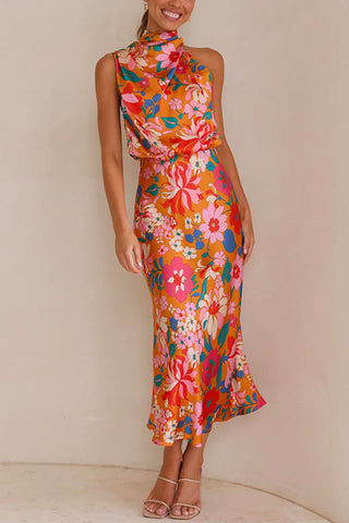 Vestido maxi floral con cintura sin mangas y cuello halter con lazo en la espalda de Meridress