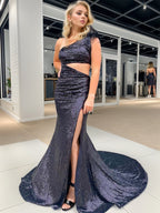 One Shoulder Sparkly Unique Black Mermaid Prom Dress
