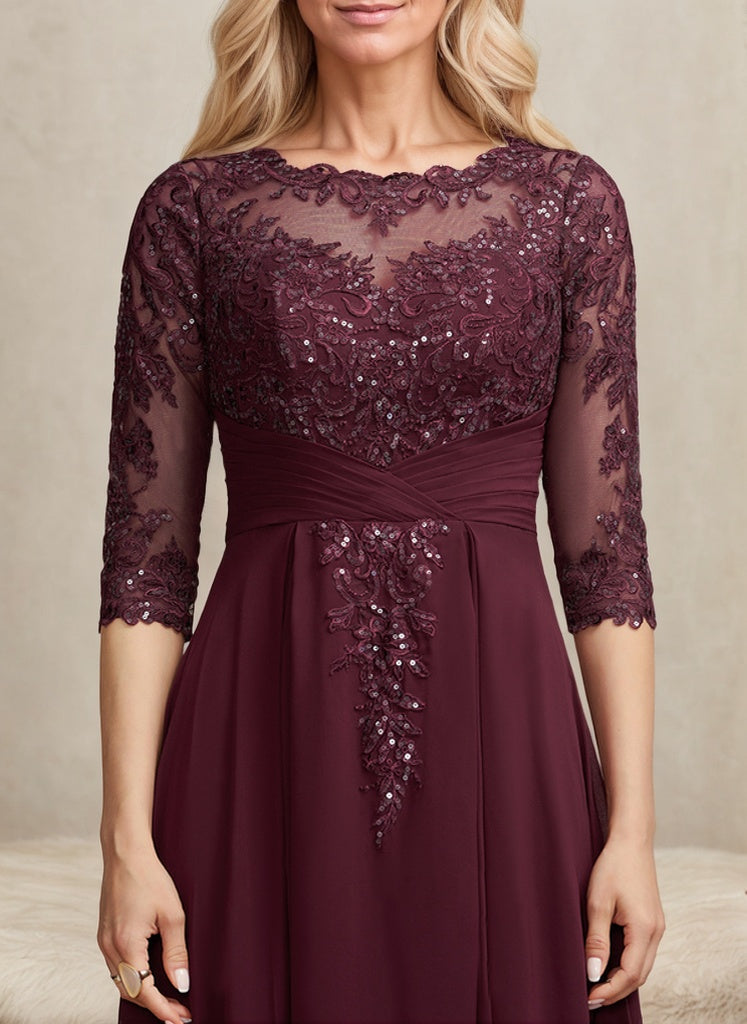 A-Linien-Kleid mit asymmetrischem Ausschnitt, Illusion-Effekt, Spitze und Chiffon, verziert mit plissierten Pailletten, ideal für die Mutter der Braut 