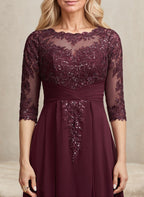 A-Linien-Kleid mit asymmetrischem Ausschnitt, Illusion-Effekt, Spitze und Chiffon, verziert mit plissierten Pailletten, ideal für die Mutter der Braut 