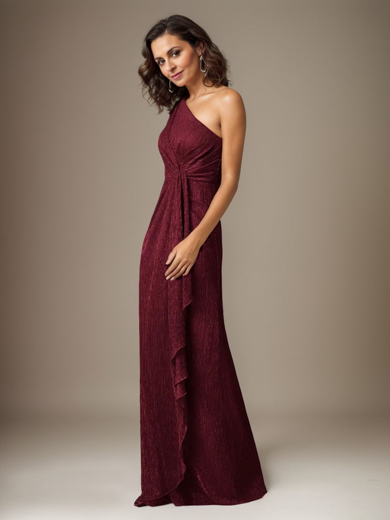 Rubinrotes Etuikleid mit One-Shoulder-Schulter und Metallic-Mesh-Optik, Brautmutterkleid