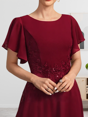 A-Linien-Kleid mit Rundhalsausschnitt, knöchellang, aus Spitze und Chiffon, mit Pailletten besetzt