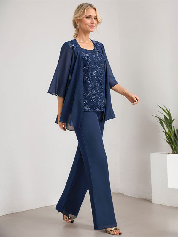 Vestido de madre de la novia de gasa con encaje y lentejuelas, con escote redondo y largo hasta el suelo, con mono/pantalón separado