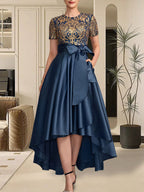 A-Linien-Kleid mit asymmetrischem Ausschnitt, Pailletten und Spitze aus Satin und Spitze für die Mutter der Braut, mit Schleife