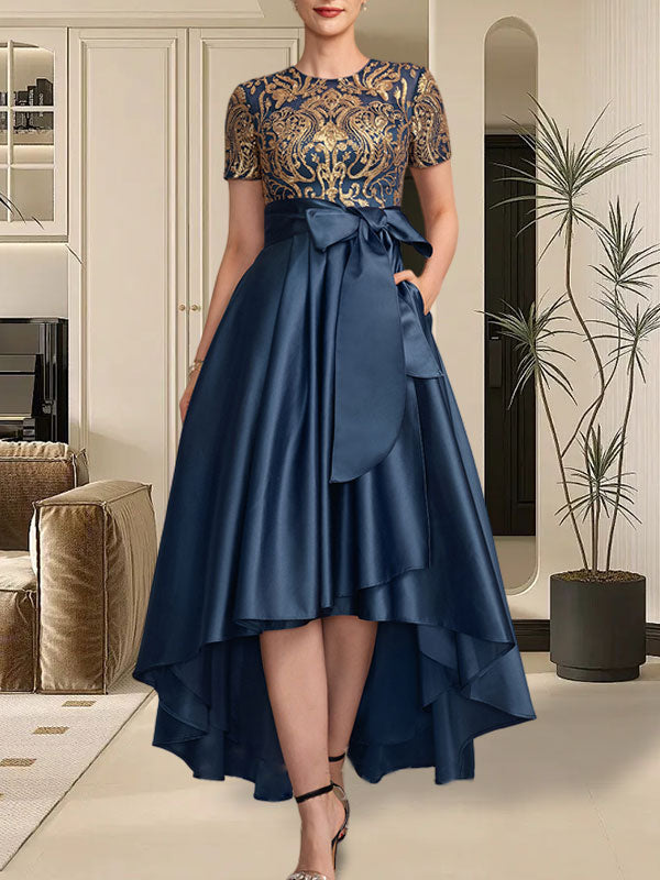Vestido de madre de la novia con corte A, escote redondo, asimétrico, de satén con lentejuelas y encaje, con lazo