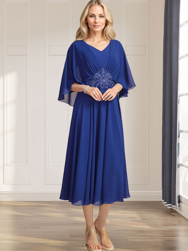 A-Linien-Kleid aus Chiffon mit V-Ausschnitt, Teelänge, plissierten Paillettenapplikationen und Perlenstickerei für die Mutter der Braut 