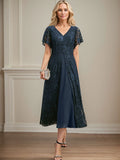 A-Linien-Kleid aus Chiffon mit V-Ausschnitt und Teelänge für die Mutter der Braut 