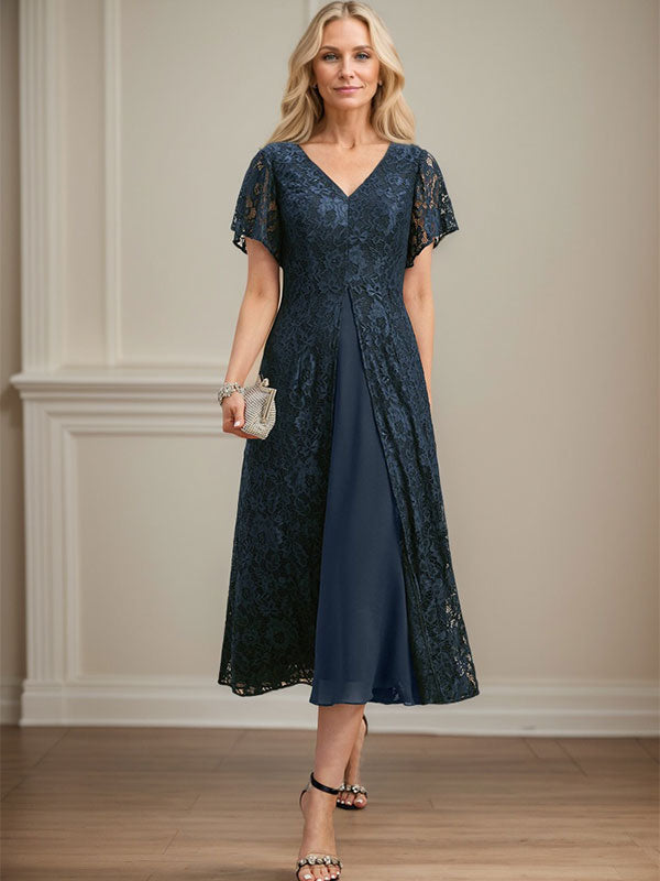 A-Linien-Kleid aus Chiffon mit V-Ausschnitt und Teelänge für die Mutter der Braut 