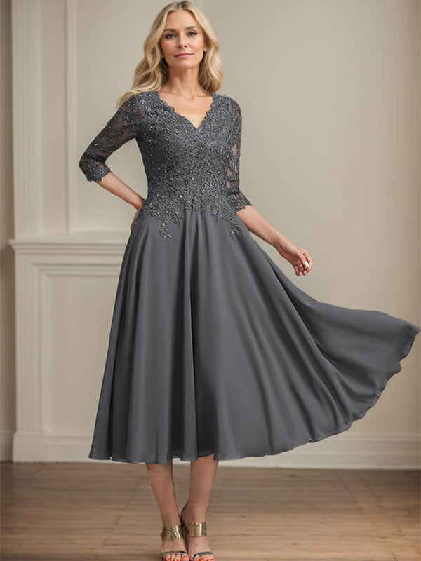 Vestido de gasa con encaje y escote en V, largo hasta la rodilla, para madre de la novia, con lentejuelas y abalorios 