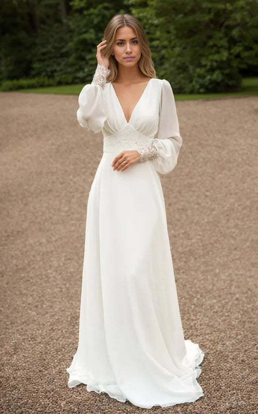 A-Line Floor Chiffon Long Sleeve Train Wedding Dress with Sequins