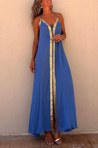 Vestido largo camisola Meridress con escote en V, espalda descubierta y lentejuelas con aberturas detalladas