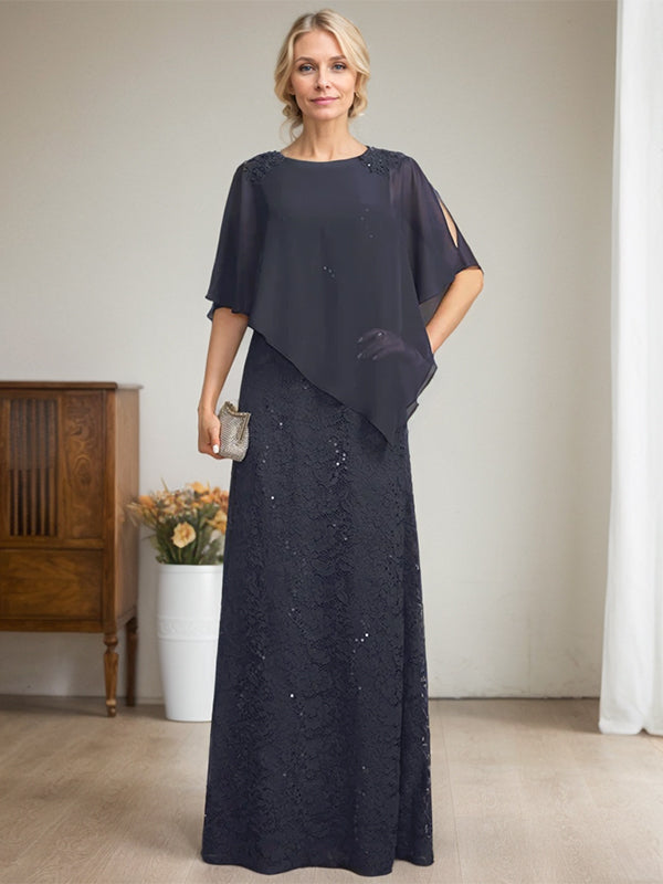 Vestido de madre de la novia de gasa con encaje, escote redondo y largo hasta el suelo, con lentejuelas y abalorios