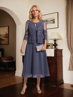Vestido de gasa con encaje y lentejuelas para madre de la novia, corte A, escote redondo y largo hasta la rodilla 