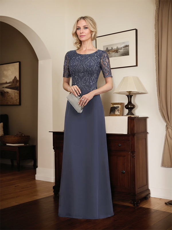 A-Linien-Kleid aus Chiffon mit Pailletten und Rundhalsausschnitt, bodenlang, für die Mutter der Braut