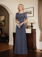 A-Linien-Kleid aus Chiffon mit Pailletten und Rundhalsausschnitt, bodenlang, für die Mutter der Braut