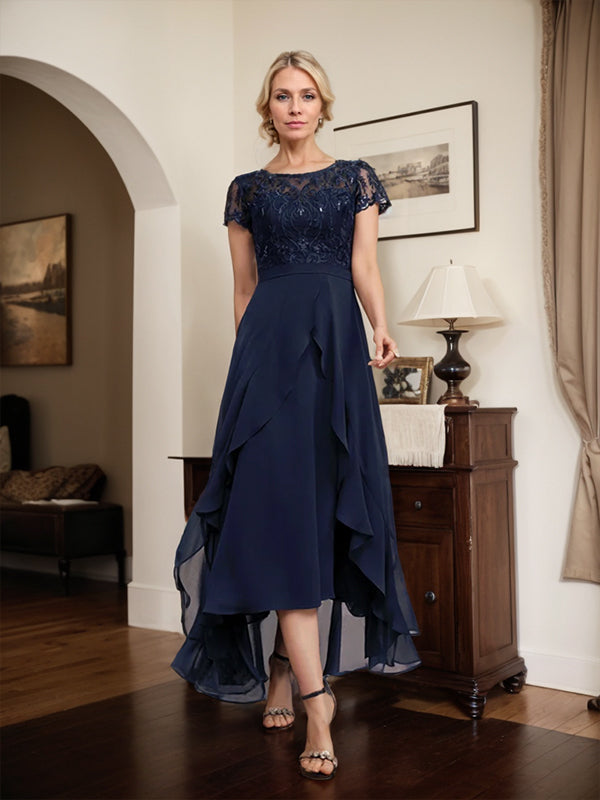 Vestido de madre de la novia de gasa asimétrica con escote en A, ilusión, encaje, lazo, volantes y lentejuelas 