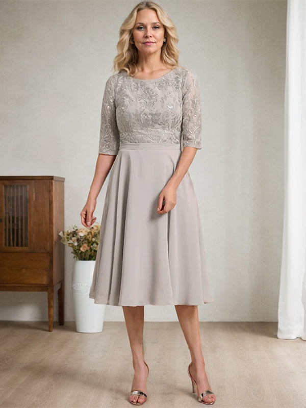 A-Linien-Kleid aus Chiffon mit Rundhalsausschnitt und knielangem Schnitt – das perfekte Kleid für die Mutter der Braut