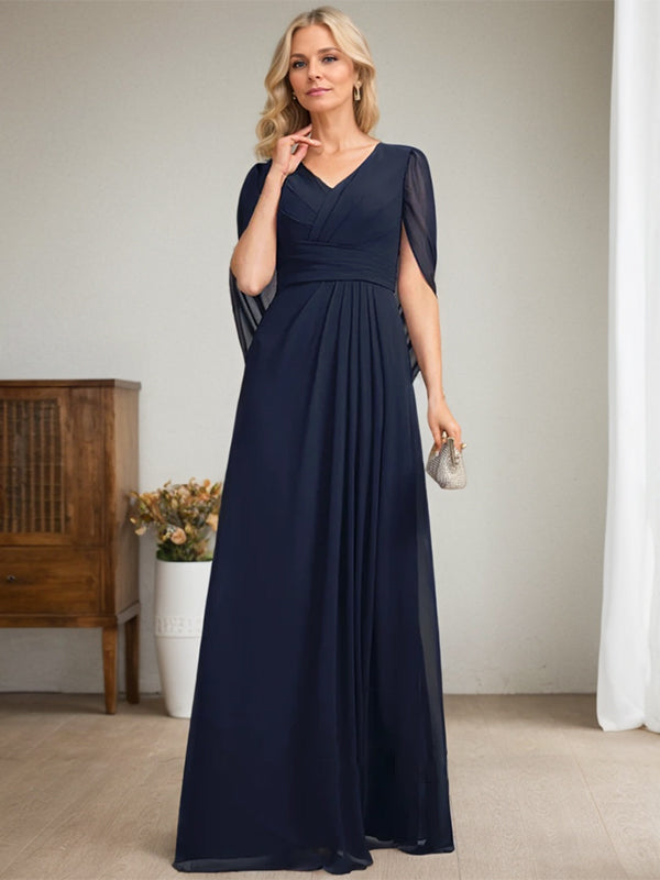 Dunkelblaues, langes A-Linien-Kleid mit V-Ausschnitt für die Mutter der Braut