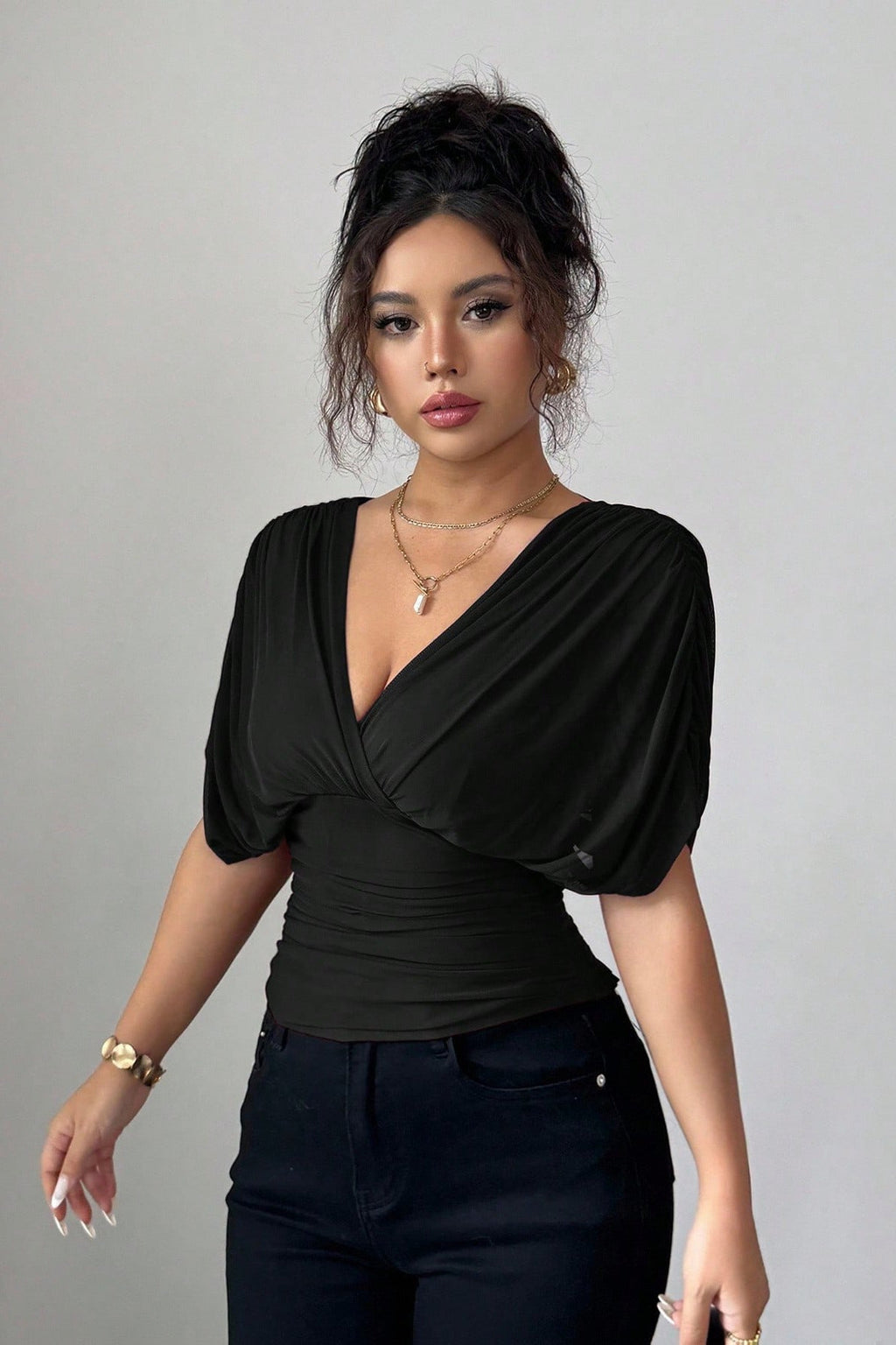 Deep V Tie Back Short Sleeve T-shirt