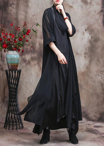 French Asymmetric Flowy Black Chiffon Cardigan Oversized Coats