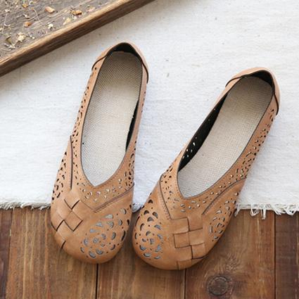 Zapatos planos casuales de cuero con plantilla de lino trenzado y huecos 