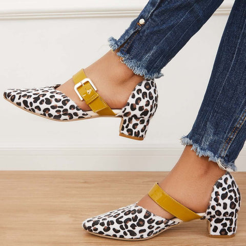 Block Low Heel Mary Jane Pumps Pointed Toe Buckle Dress Shoes