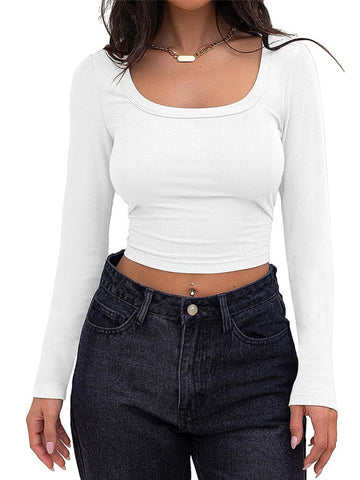 Women's Long Sleeve Square Neck Crop Top Ribbed Slim Fitted Y2K Casual T-Shirt Tops