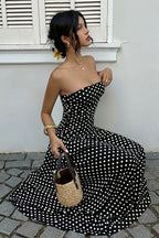 Polka Dot Strapless Sleeveless Ruffle Slim Maxi Dress