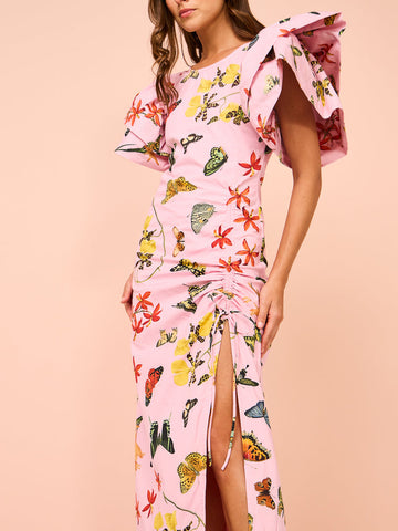 Vestido largo con abertura y cordón, mangas abullonadas y estampado de mariposas 