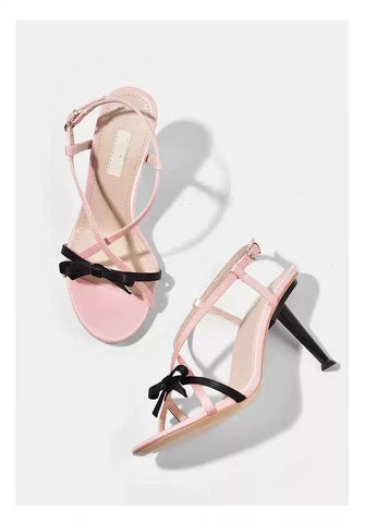 Sandalias de piel de oveja francesa con lazo dulce de colores, punta abierta, tacón fino, tacones altos para mujer, novedad 2024 