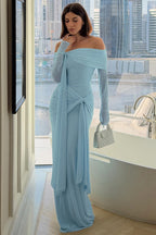 Off Shoulder Long Sleeve Solid Tie Bodycon Maxi Dress