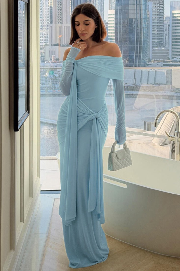 Off Shoulder Long Sleeve Solid Tie Bodycon Maxi Dress