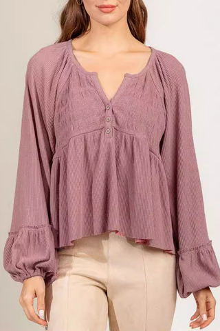 Blusa informal de cuello en V con botones y fruncido de color liso para uso diario (5 colores) 