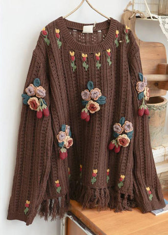 Floral Beige Tasseled Hollow Out Knit Sweaters Spring