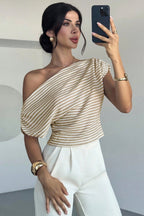 One Shoulder Striped Knit T-shirt