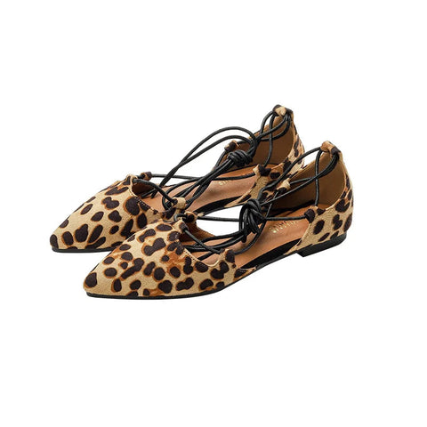 Cross Tied Pointed Toe Flats Shoes for Women Elegant Ballet Mary Janes Pumps Leopard Print Elegant Woman Shoes with Low Heels